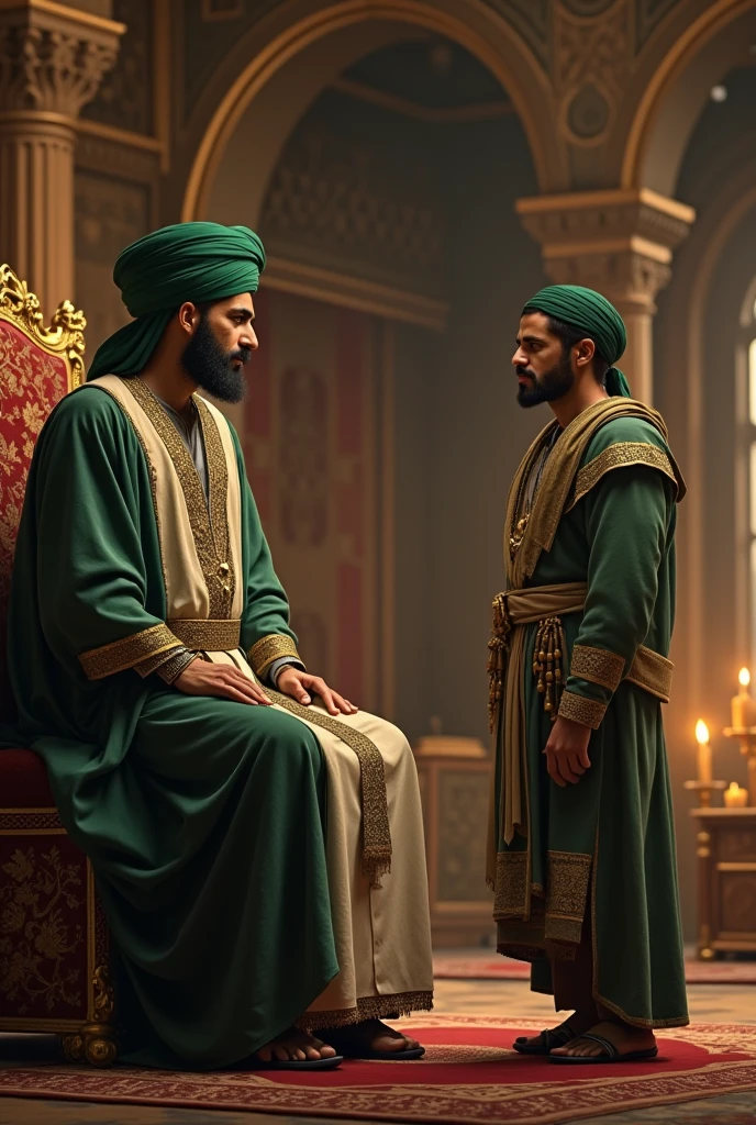 Create an epic, highly detailed image of a strategic meeting between Thariq bin Ziyad and Musa bin Nusair. Both figures are dressed in traditional Islamic warrior attire, with Thariq in armor and a turban, and Musa in more ornate, leadership attire. They are shown in deep discussion over a map spread out on a wooden table, surrounded by other generals and advisors. The backdrop is grand and underexposed, featuring a historical tent or a war room with detailed Islamic decor. The lighting is cinematic, casting soft shadows and creating a focus on the central figures, while the color grading enhances the warm tones of the attire and the muted, cool tones of the surroundings, adding depth and intensity to the scene