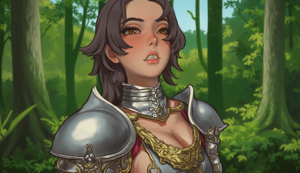 score_9,score_8_up,core_7_up, 1girl, armor, green eyes, solo, blurry, freckles, blood, parted lips, black hair, day, blurry background, outdoors, upper body