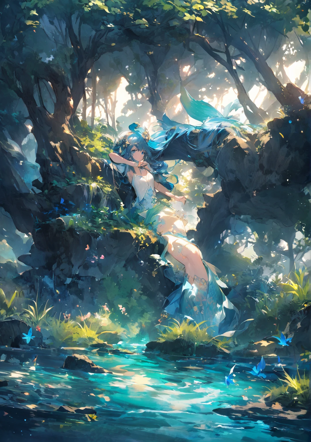 ((masterpiece)), ((highest quality)), (ultra high resolution,8K),(Ultra high fine mesh,4K), (Highly detailed CG integrated 8k wallpaper), (perfect anatomy,anatomically accurate), (Angle from above), (((Sitting on a branch of a tall treeセクシーな魅力を持つ爆乳三姉妹の妖精))), (((Faithfully reproduced three big-breasted sisters fairies))), (Sitting on a branch of a tall tree:1.5), ((nude, cover one&#39;s crotch with one&#39;s hands)), (nude, Hide crotch), beautiful butterfly in flight, (Surprised gesture:1.4), ((whole body)), (brown hair +1.2), blonde hair, (short bangs), (dynamic composition), High definition beauty face, (more beautiful blue eyes), (open your mouth), (wet body)), shiny skin, fine skin, thin hair, background, (Butterflies flying around a woman), (starry sky), forest, Pillar of Light, moonlight, Sparkling, (midnight, darkness), Shining six-pointed star