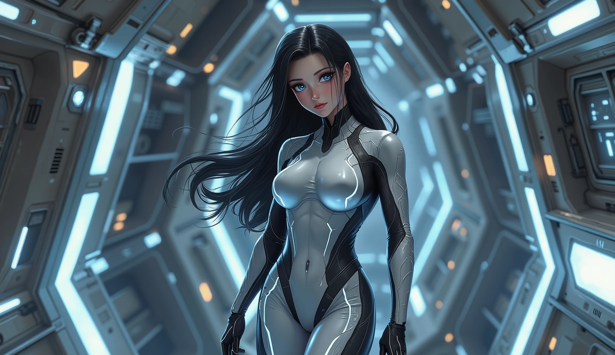 (Upper part of the body), (realist, [cheered up]), (3D:0.3), dramatic lighting, ((masterpiece)),(quality),(High resolution), void star high lady, [[covered abs]], ((x ray power armor|mono lined|white power armor) mechanical arms), long black hair trimmed, [evil smile], small breasts, Covered navel, eyeliner, eyelashes, perfect face, Beautiful nose, detailed student, pretty eyes, detailed eyes, Brown eyes, perfect lips, a pose on the monitor, simple background, [Boku no Hero Academia], (sets:1) ,  