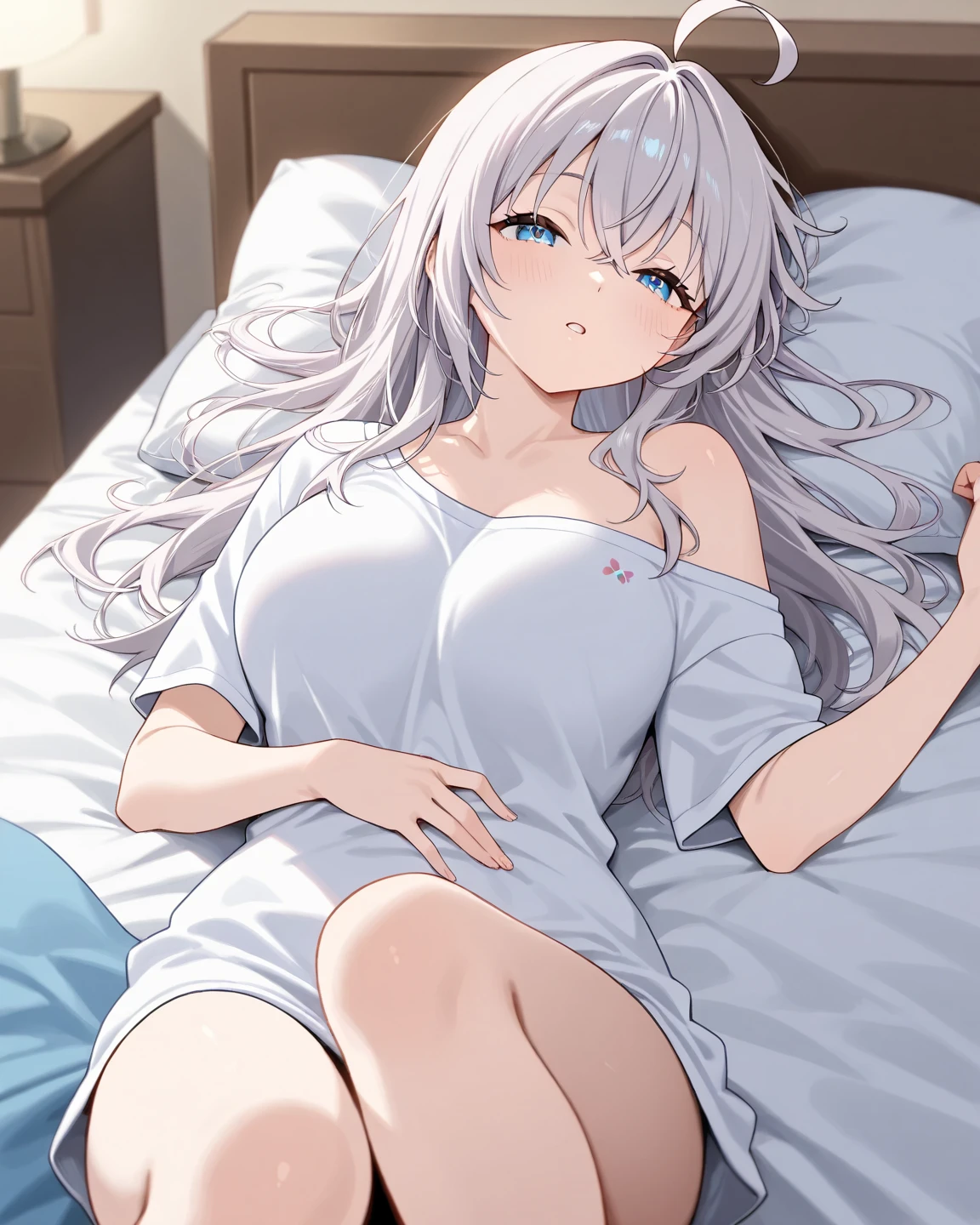 NSFW, silver hair, blue eyes, straight hair, medium breasts, solo, heart shaped eyes, blushing, cute pajamas, cleavage, sexy panties, sleeping in bed with viewer