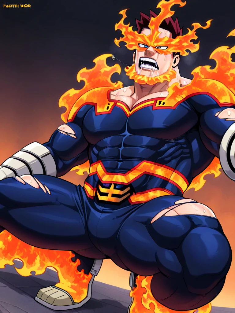 Endeavor, my hero academia, from front, super fine, bodysuits, middle-aged man, hunk, looking down and mouth wide open with shocked face, crotch grab, crotch squeeze,