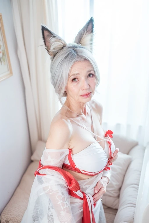 mature female, wolf, ear piercing, night, moon, moon lit, mole \(marking\), blue eyes, white fur, beauty mark, smug, white hair, fur, lipstick, lips, mole, wedding dress, bottomless,