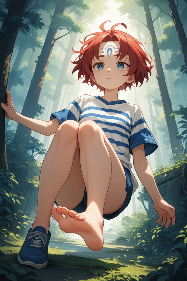 masterpiece, best quality, official art, professional artwork, highres, lens flare, (vibrant_color:1.2), 1girl, solo, lacey, medium hair, smile, pink coat, neckerchief, white shirt, [beautiful hands, beautiful fingers, perfect hands, detailed hands, perfect fingers, detailed fingers:1.1, five fingers:1.2, good hands, beautiful fingers, perfect feet:1.2, detailed feet:1.2, toes, perfect toes:1.1, detailed toes, five toes:1.3, delicate feet, good toes, beautiful toes, white background], blue pants, barefeet, sitting, full body:1.3, lotus position, expressionless:1.3, LotusPosition, Lotus position