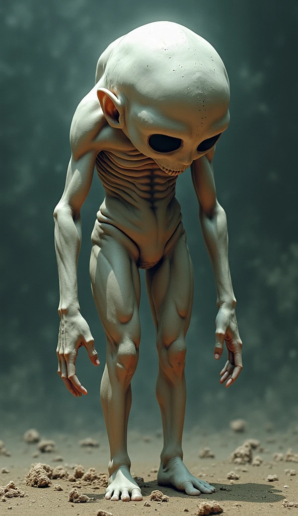 White-skinned, black-eyed humanoid alien four meters tall, cultuado por pessoas do Egito antigo, fotografia realista.