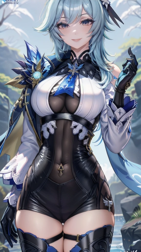 Adult woman, short light blue hair blue eyes, blue eyeshadow, blue lipstick, white aristocrat jacket, black tight pants, golden elements, transparent breasts, transparent belly, open hips, transparent tight gloves, dance with sword, Masterpiece, best quality, Full HD, 8k, ultra details, great graphic