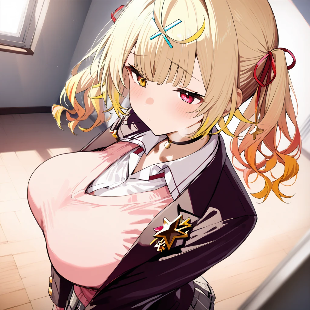 (Masterpiece: 1. 2), (Top quality: 1. 2), Perfect eyes, Perfect face, Perfect lighting, Mountain horizon, Superb girl like beauty, Blonde hair, Upper body, Cleavage, Red eyes, Braids, Side ponytail, Bangs, Bobbed hair, Poofy hair, Cute eyes, Great bust, (from below), Raw description, Ecstasy, Despair and fear, Bitch virgin, Fornication, Angry, Sideways, Bewitching, Cute design branded blazer uniform, Cute ornaments, Sitting, Arms crossed, (from above: 1.2)