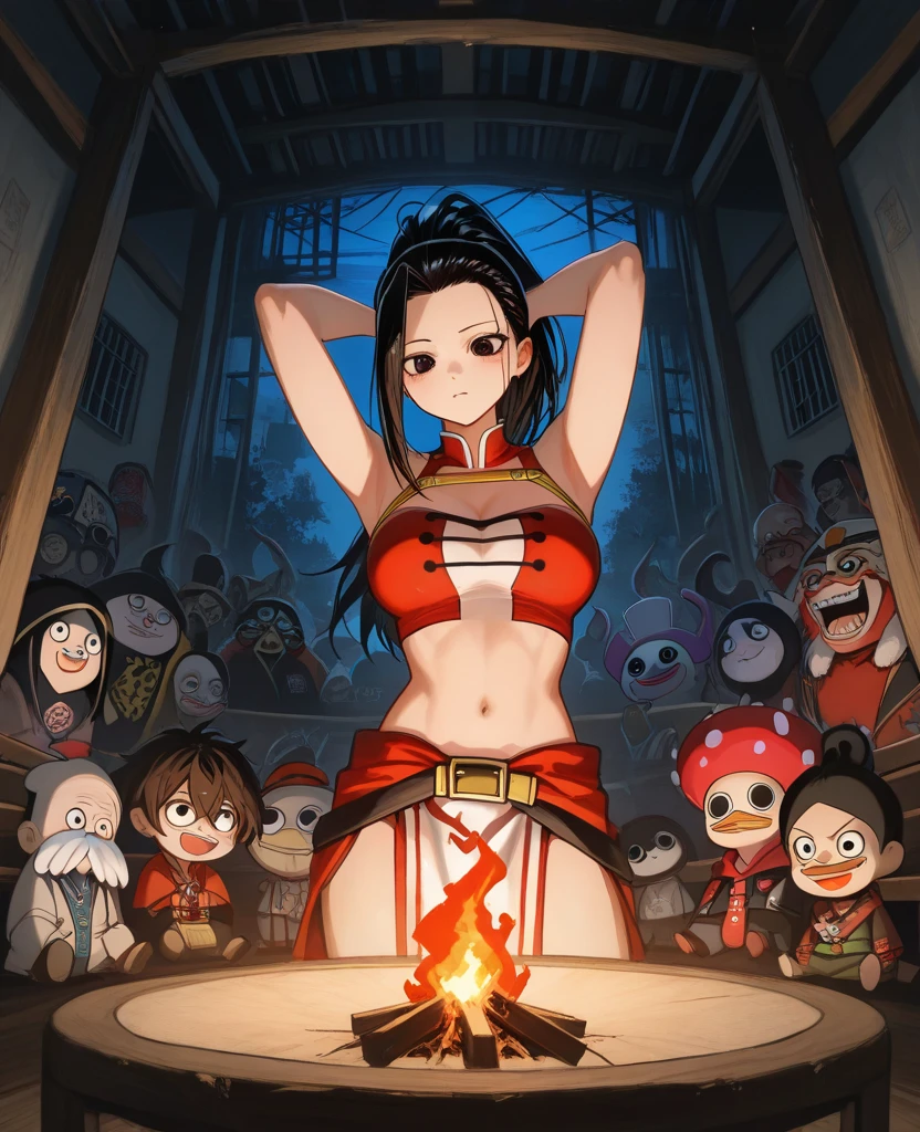 ((masterpiece、Highest quality、4K quality)), good anatomy, natural lightning, native  girl, ancient clothes, underboob, face paint, forehead, headband, bob hair,  navel, kneeling, arms up, armpit, smile, at ancient carnival, ((pubic hair sticking out of ancient panty)), 