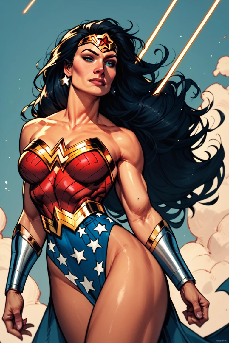 (((COMIC STYLE, CARTOON ART))).  A comic book-style image of Wonder Woman, with her as the central figure. She's on the move, leaping from one building to another, her hands holding the lasso of truth. She wears a red, blue and gold outfit, with a white star on her chest and a golden tiara on her forehead. (((hot body, sexy, sensual, camel toes))).She has long, straight dark hair, blue eyes and serious lips. She is surrounded by a night city, with skyscrapers, bridges and lights. She has a determined and vigilant expression, as if she is ready to fight crime.