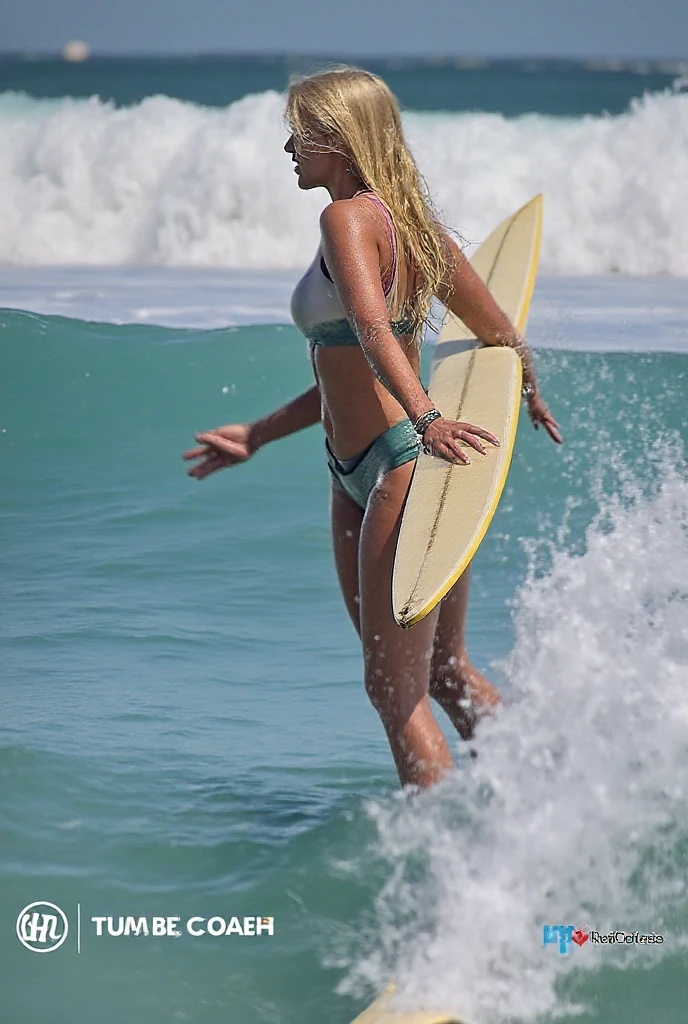 28 year blond woman surfing on sea using the surf board make it clear and perfect face