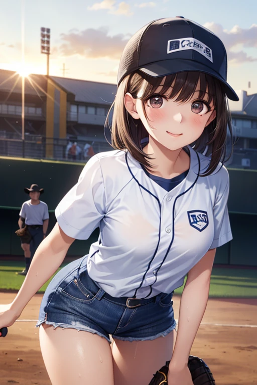  1girl  ,Alone , ,(Baseball cap:1.2) ,超high resolution, masterpiece, Top quality ,Super Detailed, High Details, high resolution, 8k ,Blake shorts  ,shirt ,Sneakers ,socks ,brown hair ,medium hair ,Blake Park ,Standing, beautiful girl leaning forward ,sweat ,Cross Thread ,Smile ,sunset ,rough breathing ,(toned body:1.1), 


,、、 、,( masterpiece, best quality, high resolution, ultra high resolution, pixel perfect, depth of field, 4K, RTTX10.0), 、Anegasaki Nene, shiny brown hair, beautiful brown eyes, smiling face, sparkling pupils, (fine grain), , highly detailed face,, (masterpiece:1.2, best quality), ((only1 girl)), ((cowboy shot：1.5))