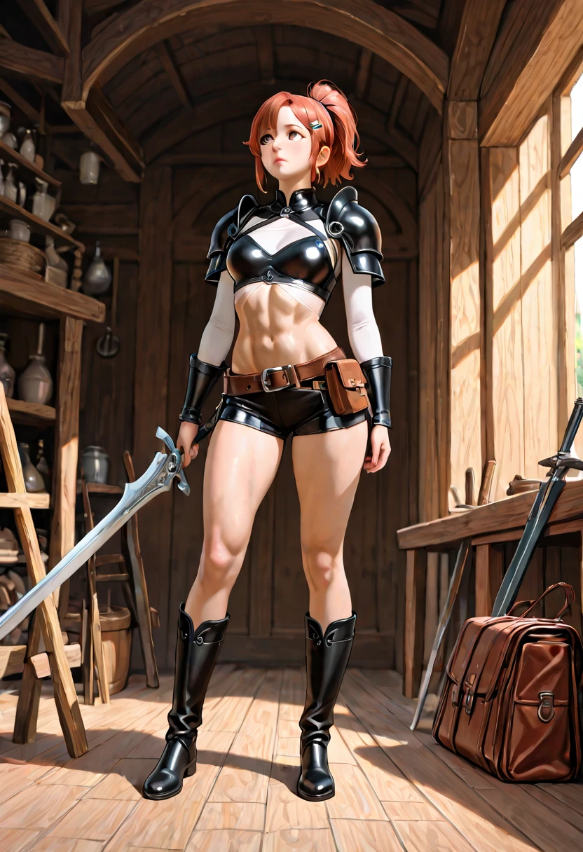 Female full body standing straight symmetrical looking to the viewer RED full body armored (handcuffs, shackles, rerebrace, faulds, poleyn, gauntlets, leather collar choker, gloves, gauntlets, high boots bootstraps, black stockings) 2 crossing big belt under belly button, navel, abs, garter straps belts attaching bra big knockers ((hands on hips)) view from below, wide hips