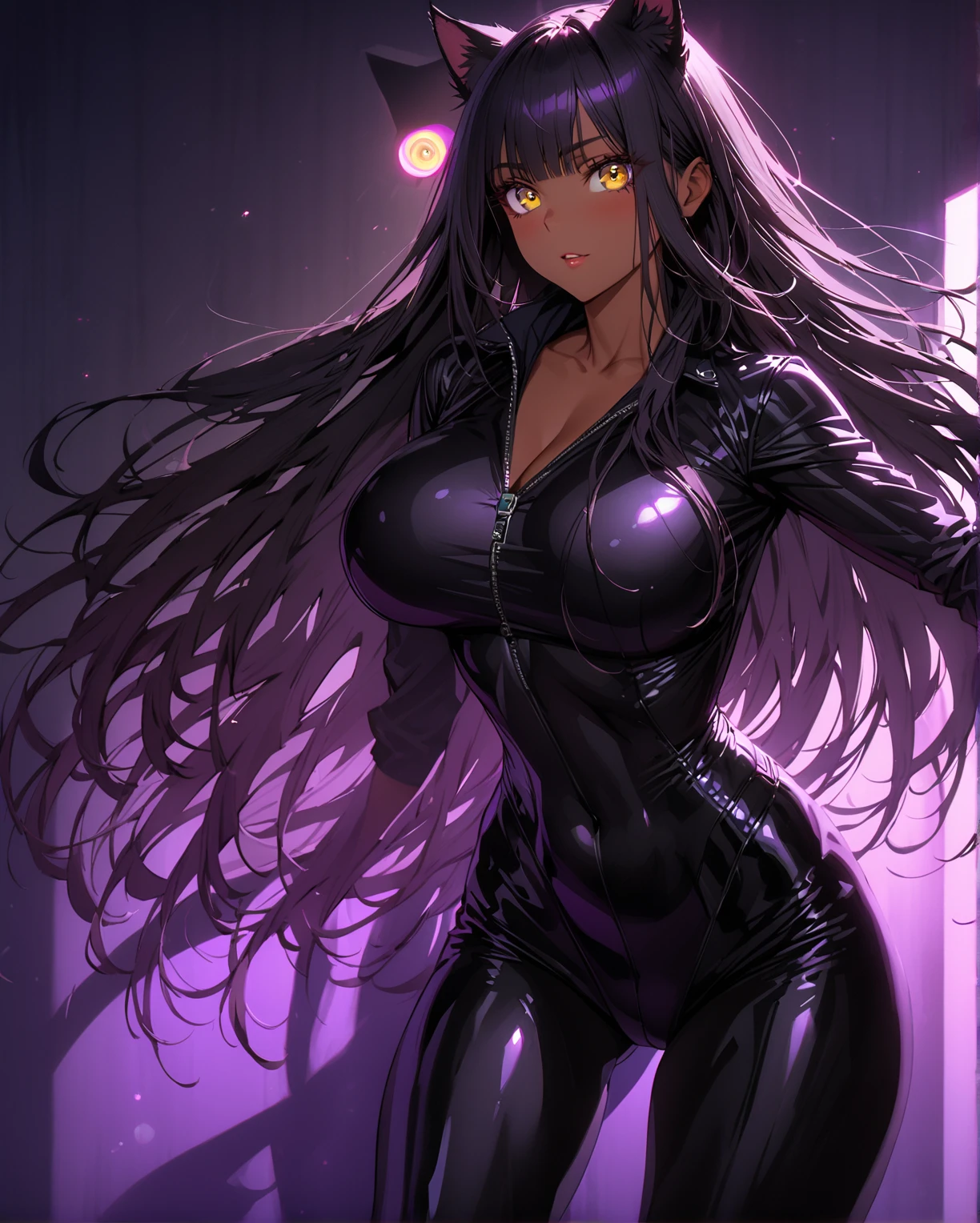 Create a digital artwork of a voluptuous female character with massive breasts in an anime-inspired style. The character should have long, flowing purple hair and large, expressive purple eyes. She should be wearing a glossy black latex suit that accentuates her curves. The art style should be a blend of anime and semi-realism, with: Smooth, detailed shading: Use gradients to create depth and volume in the character's form. Sharp, precise line work: Clean lines to define the character's features and outfit. Realistic lighting effects: Emphasize the reflective quality of the whole outfit with highlights and glossy reflections. Soft, ambient background: Set the scene in a normal bedroom, the character squatting down with sprad legs, keeping eye contact with the viewer. The background should have a soft, romantic glow with bokeh effects to enhance the dreamy atmosphere. Color vibrancy: Use rich, vibrant colors for the character and background to make the image pop. Ensure the character's expression is slightly open-mouthed, giving a seductive and confident look. The overall mood should be bold and captivating, with a high level of detail and polish in the final artwork