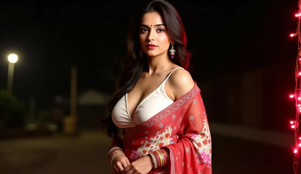 topless Portrait of A confident-looking indian woman with long flowing hair, hazel eyes, wearing silk saree, jewellery, c-cup breast sitting on water, club background, bokeh perfect composition, hyperrealistic, super detailed, 8k, high quality, trending art, trending on artstation, sharp focus, street photo, intricate details, highly detailed, art by greg rutkowski
