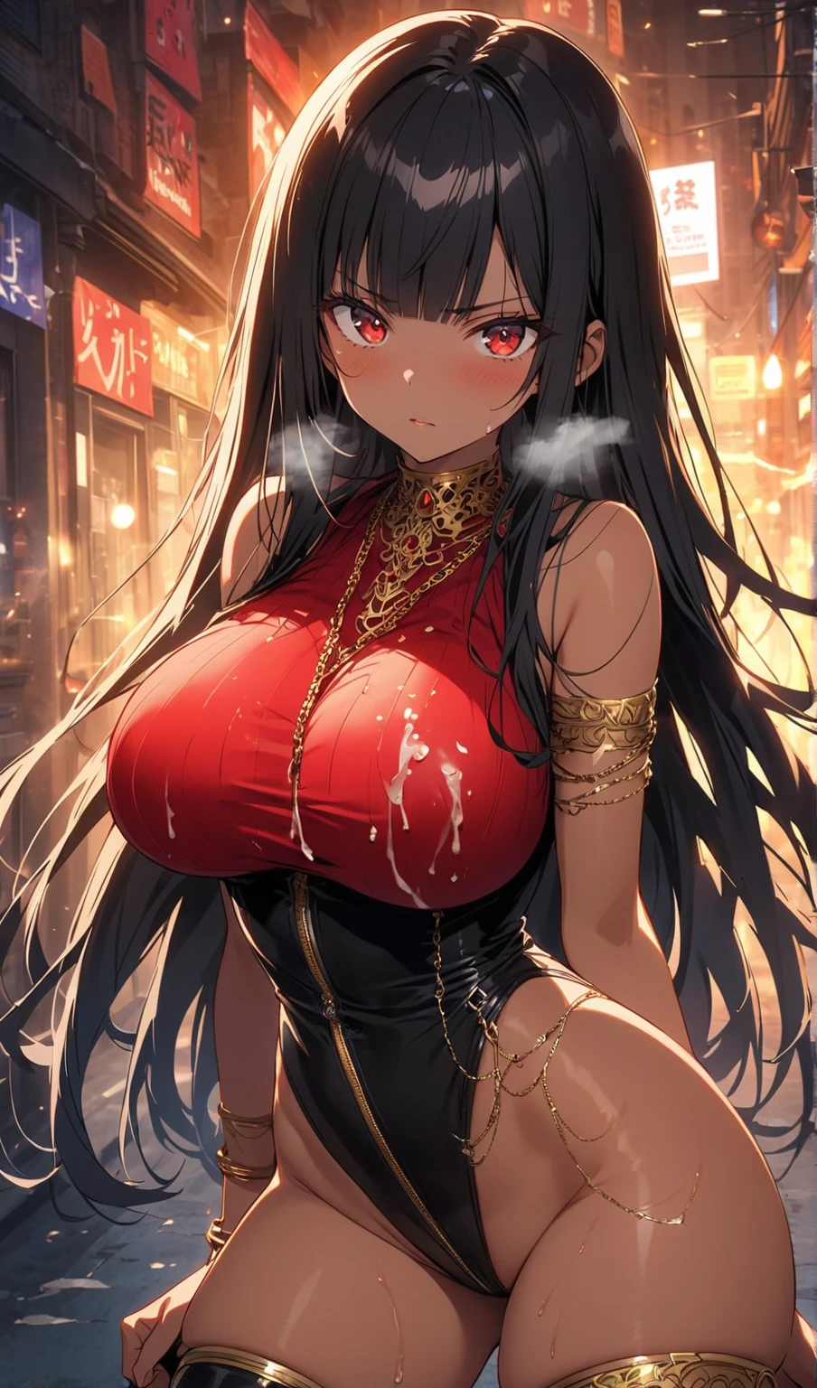 (masterpiece, best quality, ultra detailed, absurdres)1.5, 1girl, (sexy, beautiful woman, perfect face, perfect eyes, perfect female body)1.5, (netokanonibe, shiny skin, black hair, red eyes, hair ribbon, extremely detailed clothes, horny, blush, long dress, sexy dress, china dress, floral print, sideboob, bare shoulders, bare arms, thighs, <lora:Netokano:0.8>, <lora:waitress - china - Sexy China Dress:0.7>), (standing, New York street), night, smooth, hdr, <lora:more_details:0.7>