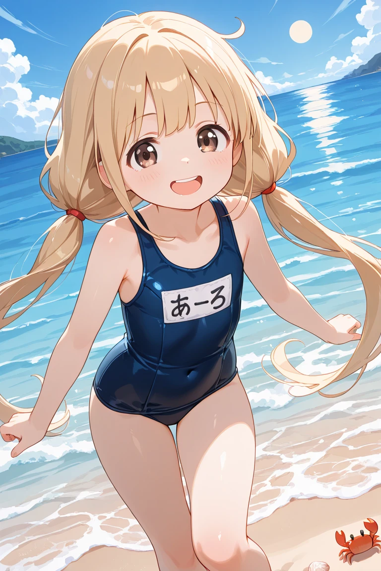 (high resolution),(best quality),8k,4k,from below,girl fox,((child)),was hairy,Golden fur,long hair,(((flat chest))),navy blue school swimsuit,((cameltoe)),((sweat)),pool, in the pool, (wet), (water drops)