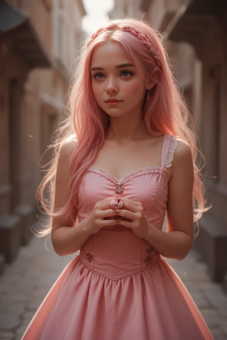 I want a cinematic with a beautiful, white woman with long pink hair, her eyes are pink and beautiful, she is wearing a pink dress and a crown inside a castle 