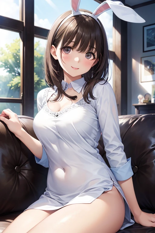 ((masutepiece, Best Quality, hight resolution, nffsw, Perfect Pixel, 4K, nffsw, nffsw))), 1girl in, Single, Solo, Beautie、full body seen、 ((Short Wave Hair, Bangs, Black hair)), ((black-eyed, Beautiful eyelack eyes Realistic eyes)), ((Detailed face, Blushing:1.2)), ((Smooth texture:0.75, Realistic texture:0.65, Photorealistic:1.1, Anime CG style)), medium breasts, Dynamic Angle, Perfect body, ((White shirt, Unbuttoned shirt、I'm not wearing shoes、White Sox)), Classrooms without people、Sit on a desk、Lower'.....................................................、early evening、、、Very embarrassing panic smile、(Open both legs、Open your knees wide、White Floral lace panties)、、(Light white lace bra)、Angle from below,(bulge:1.5),wariza