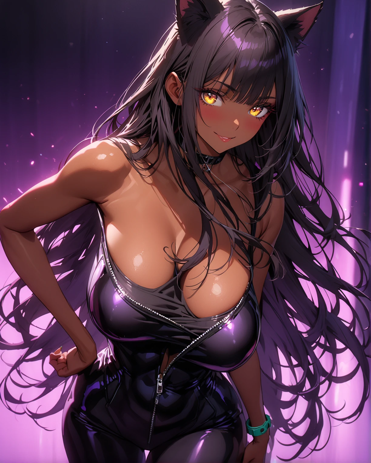 realisticlying,1girll,Black hair,Purple eye,glowing light eyes,Cut the top,mini-skirts,parted lip,Be red in the face,the night,fresh flowers,suns,rays of sunshine,huge tit,