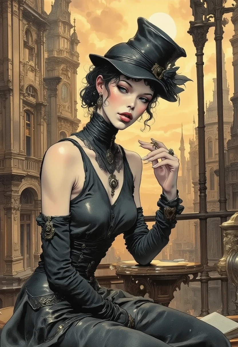 lwsh, illustration of a cute woman, A form-fitting black satin gown with a plunging neckline, accessorized with a feathered fascinator and elbow-length gloves