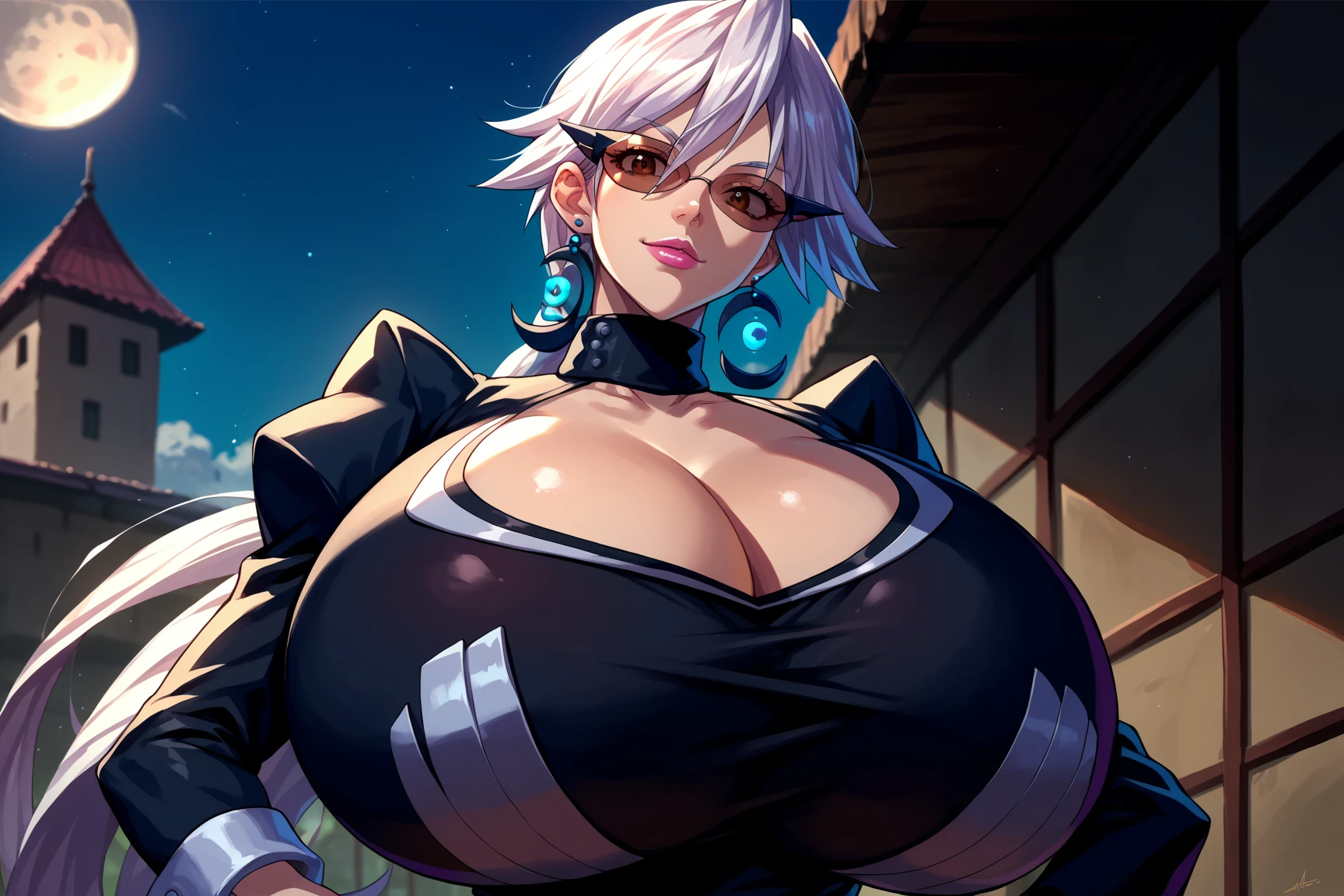 A age witch gave me a hot pink blouse with a strapless style and a pair of dark blue jeans and she has a pink witch hat. She has dyed hair with some details of purple. Gold and cyan. she having big and giant breasts and a huge ass and big hips and big thighs like her having purple eyes with her flying over the sky of a city at night with a full moon like her wearing sunglasses