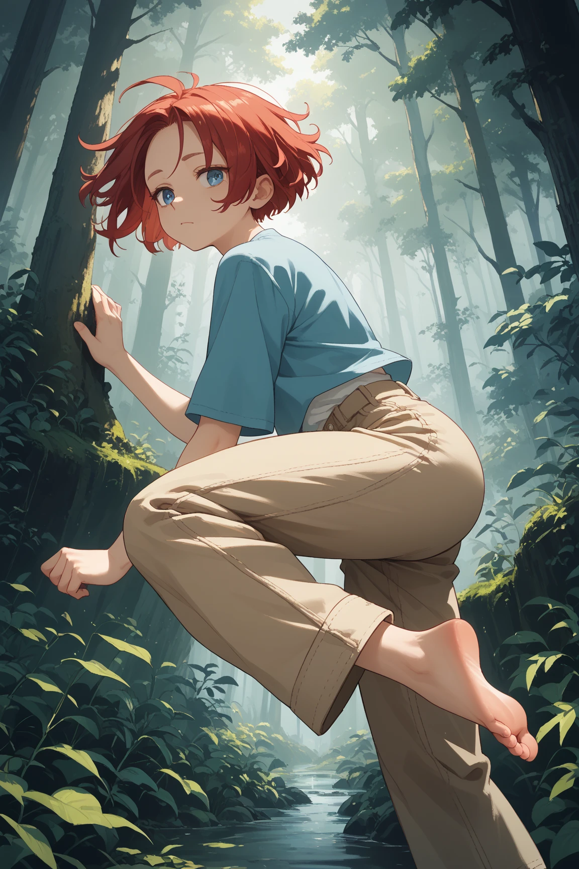 mini skirt, anal plug, transparent panties, leaned over, back view, anal visible, vagina visible, tied to a tree with a rope, In the woods, hands in front,