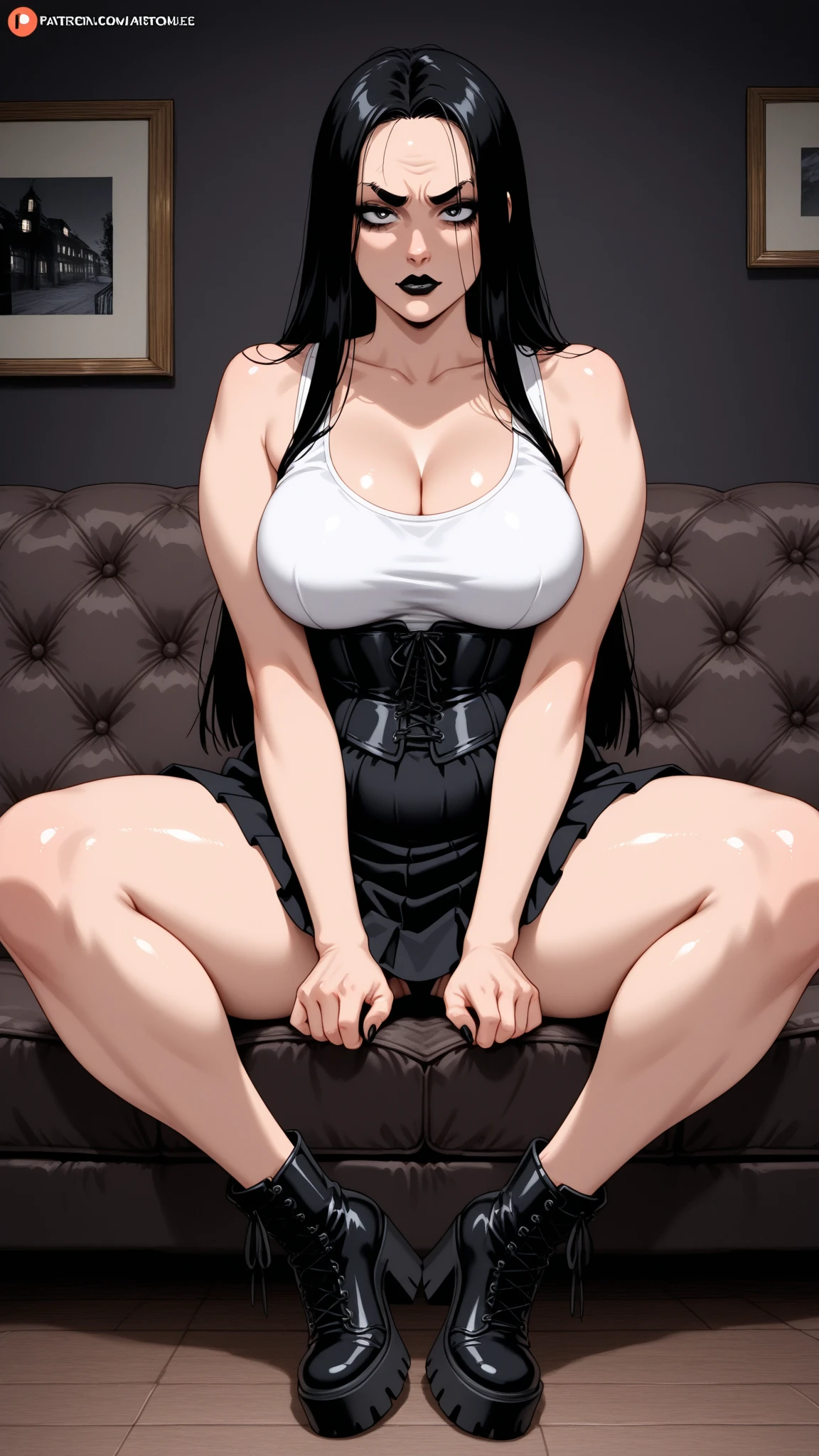 25 year old girl, Italian features, long loose black hair, super mega gigantic breasts, white shirt untied and torn, , black mini skirt, horror movie dungeon, tied to a horror movie torture chair, her arms are tied to the armrests of the chair, she is wearing a slave collar, her breasts are tied together
