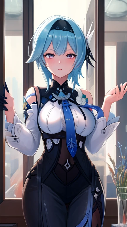 absurdres, highres, (official art, beautiful and aesthetic:1.2), ultra detail, beautiful person, mature female, 1girl, eula, black hairband, blue hair, hair ornament, hairband, long hair, purple eyes,
narrow waist, wide hips,
black gloves, black thighhighs, blue gloves, blue necktie, gloves, long sleeves, necktie, two-tone gloves, wide sleeves,
white thong, pencil skirt, upskirt, pantyshot, <lora:eulatest:0.8>, <lora:jean_divineElegance:0.6>