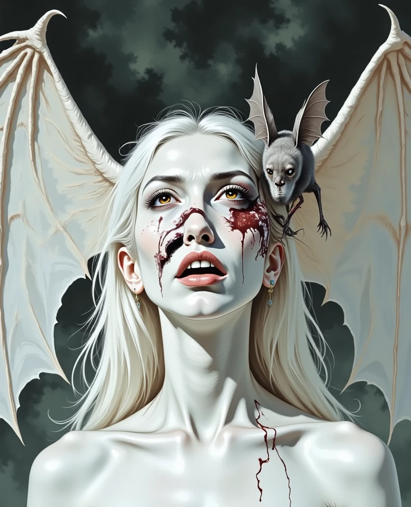 art horror by Apterus. disturbing art, an angel saint with rotten flowers on face, porcelain skin, creepy face, mouth close. against the background of hell, gloomy illumination. Apterus creepy anatomy
