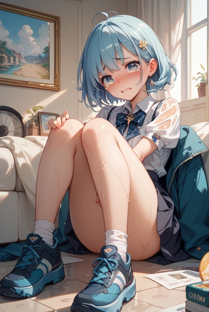 (8K, 最高quality)、超High resolution、Bright blue hair、blue eyes、 girl、Small breasts、Braided half bob hair、uniform、Me in a knitted cardigan、 girl、Looks about 、Petan Musume、 the classroom、(missionary, 1boy, penis, lying, vaginale, ass pov, spread legs, sex, nsfw)、quality, High resolution, Very detailed, Detailed Background, Perfect lighting、masterpiece、Best image quality、最高quality、、 (cryin) ,Cute Characters, Most detailed, 高quality、Red nose、vapor、bevel、Shiny Hair、Very beautiful and bright eyes、 Scared、Very detailed, Clear and beautiful face、Slender body、Awards, Anatomically correct、((Scared))
