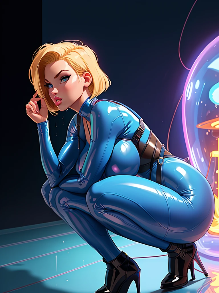 vault girl, blue body stocking. full body shot, female,deep vneck, cleavage, navel, unzipped, green eyes, cameltoe, blonde hair, pale blue eyes, wide hips