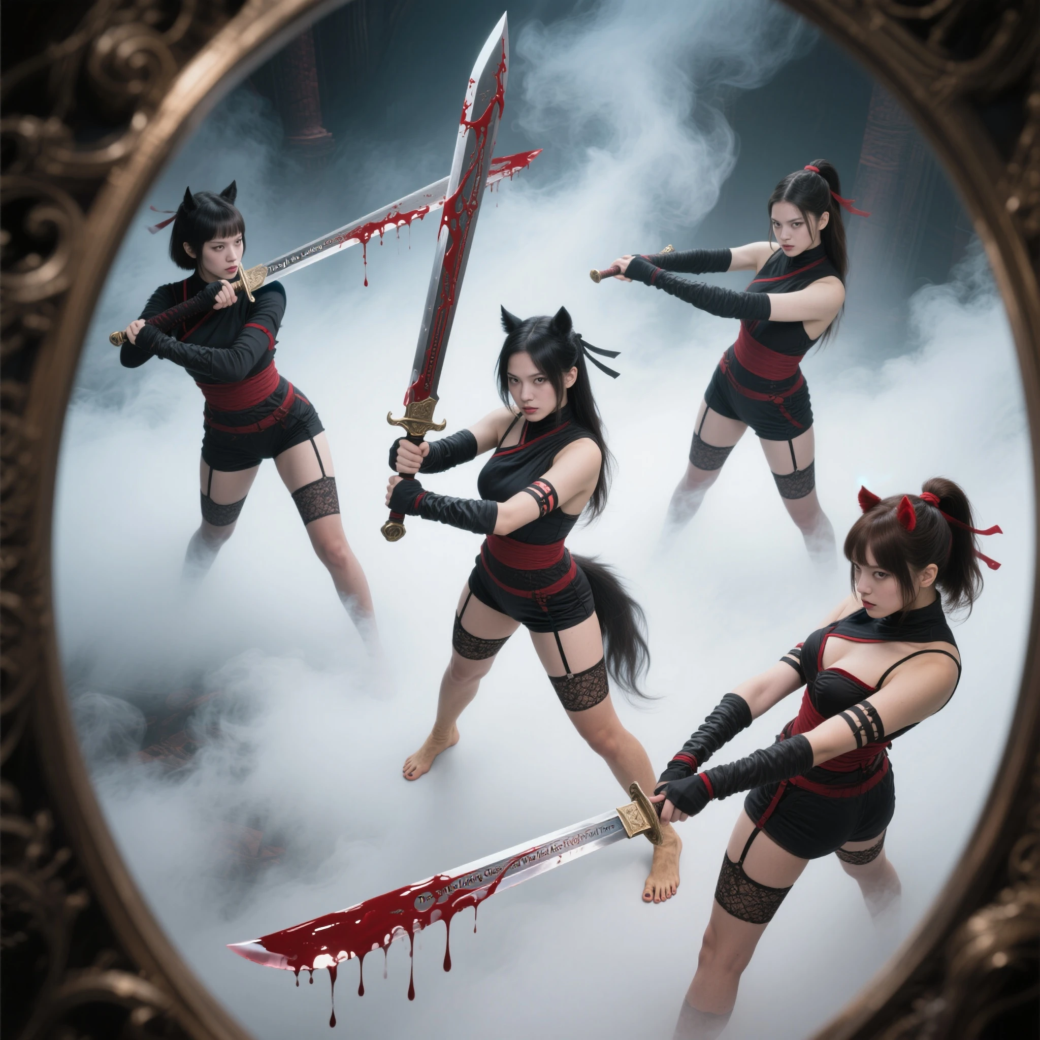 best quality}, {{masterpiece}}, {highres}, Perfect waist cut, Large breasts, Warrior girl with a small short sword on hand, Skimpy organza transparent clothes, organza elements on clothes, net clothes, leather glossy elements on clothes, dark blue hair with red highlights, (perfect nose), Seductive gaze, dark blue knee high boots on high heels with red highlights, (Best Illustration), 8k Resolution, Intricate Details, Best Quality, Realistic, Ultra Detailed, Best Lighting, Best Shadows, Ultra HD, A Necromancer style, Night, Magic, Dark Style, Vampire, (shining red eyes:1.6), masterpiece, high_res, Beautiful face, tyndall effect, photo realistic, (high detailed skin:1.2), 8k uhd, dslr, high quality, Photograph, high resolution, 4k, 8k, Bokeh, absurdres, ponytail contorted, best ratio four finger and one thumb, front view, dark blue hair gorgeous, perfect proportional skinny fitness body, full body view, wet skin, wet clothes, dark cathedral baground scenery, huge bobs, belly muscle, long fit perfect legs, fishnet dark red Stockings, realistic reflection in the water