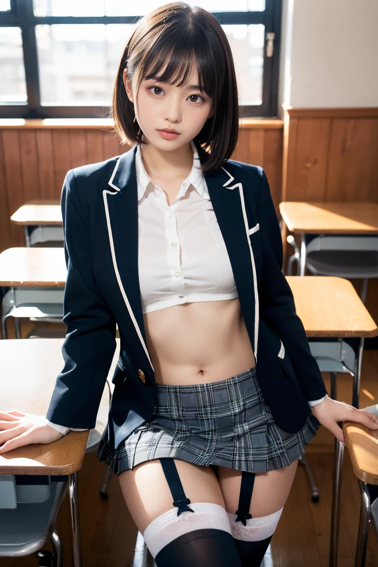Top quality, high resolution, very detailed, masterpiece, raw photo, realistic, photorealistic, very delicate and beautiful., delicate details, rough skin, 1 girl, alone, I am an 18-year-old Japanese girl, wearing a high, classroom, (body facing the camera: 1.3), (I sit with my legs on the side on the school chair: 1.2), (please show me your white panties: 1.2), (dark blue jacket and checkered skirt), white shirt, The front of the dress shirt is open, (a bra with detailed design), tie, black loafers, (face is really beautiful.:1.5), high, brown hair, short hair, perfect proportions, (nsfw), A very sexy pose