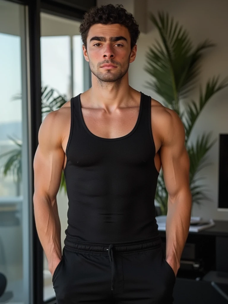 foto de um homem musculoso, sorrindo, olhando para frente e que esteja vestido
