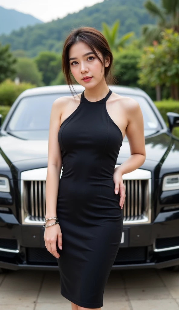 a person物は1a person、one car、ighly detailed、High resolution、美しい日本a person女性、Smiling smile、dark brown hair、Slim body、Black long dress、Race Queen、Porsche