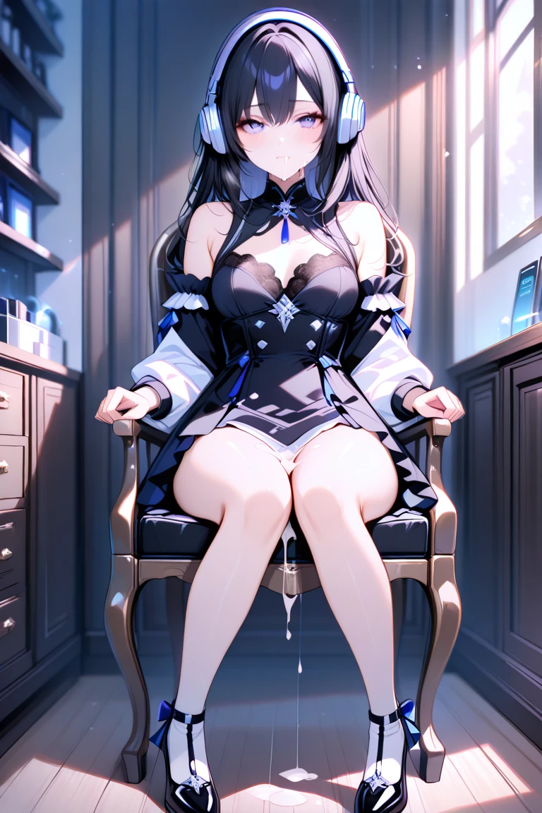 8k_wallpaper, extremely detailed eyes, extremely detailed body, (large masterpiece digital art), (detailed manga illustration), (detailed line art), ((perfect anatomy)), (intricate details:1.3), (ultra-detailed:1.3), (illustration:1.3), (sharp focus:1.3), (natural lighting:1.05), (vivid colors:1.3), (masterpiece), (best quality:1.4), (perfect anatomy:1.4), high quality, expressive eyes, full body, detailed face, beautiful face, perfect face, 1 girl, medium breasts, black hair, curly hair, wild hair, detailed hair, white dress shirt, black pants, pale skin, sapphire eyes, demon, blue halo, sheep horns, curled horns, (horizontal pupils), sexy face, pointy ears, splash art, the demon girl, curvy, sitting in an office chair at a desk with feet on desk, black high heels,