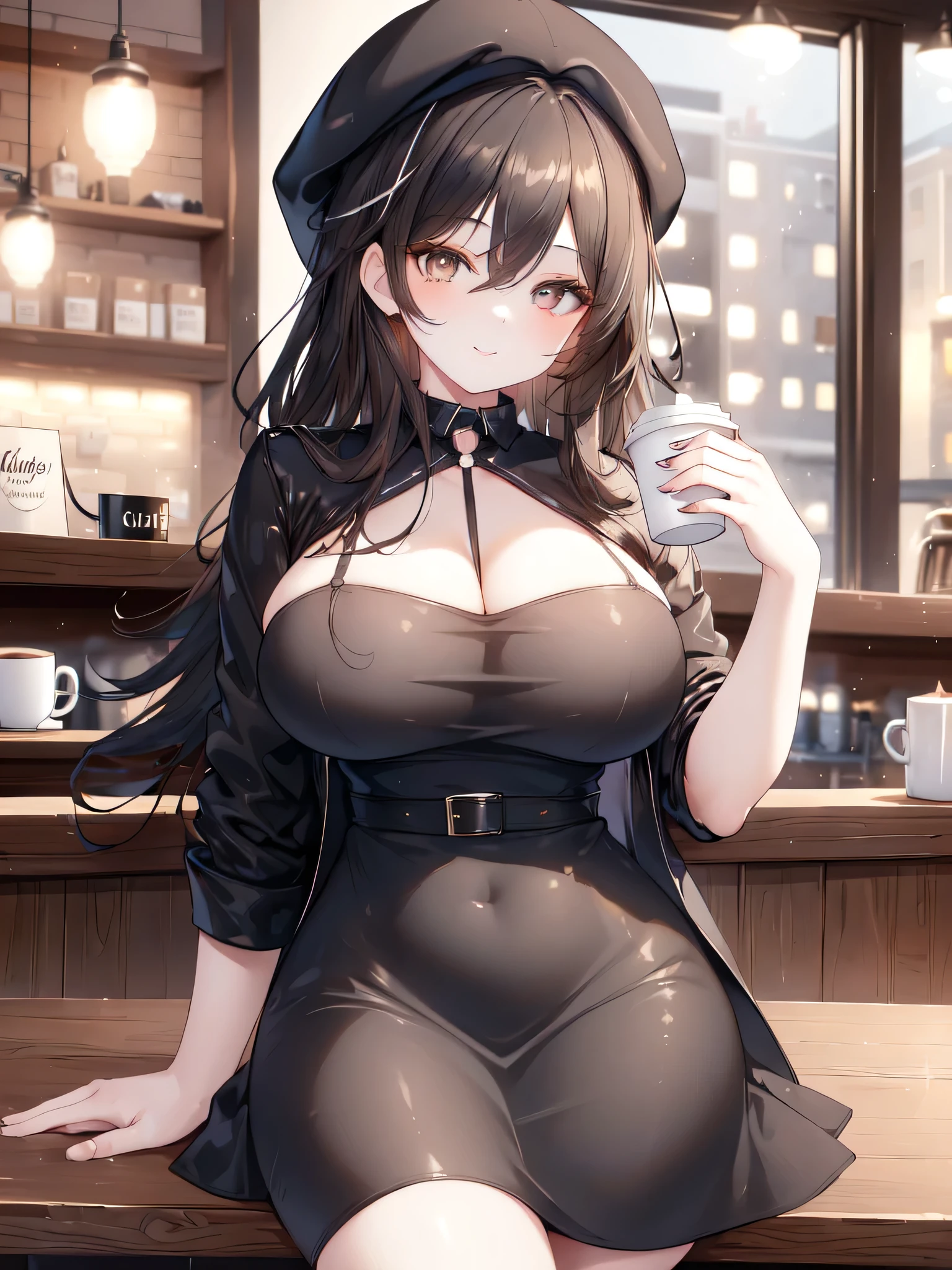 (best quality, 4K, high resolution, masterpiece:1.2, Extremely detailed, Extremely detailed eyes,Ultra HD, Studio Lighting, Ultra-fine painting, Large Breasts:0.8, Attractive thighasterpiece,best quality,1girl,独奏,black hair,long hair,blue eyes,sad,shouting,tears,(drunk,blush),sitting,drinking,((Mature sexy body))，Black stockings,holding mug,counter,pub,