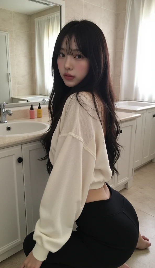 a close up of a woman in a white dress standing in a hallway, showing the shoulder from behind, waist long hair, white hime cut hairstyle, plain and tight white suit, asian girl with long hair, with long hair, wavy long white hair, with long white hair, rear view, Curly white hair, long white hair, long white hair!!