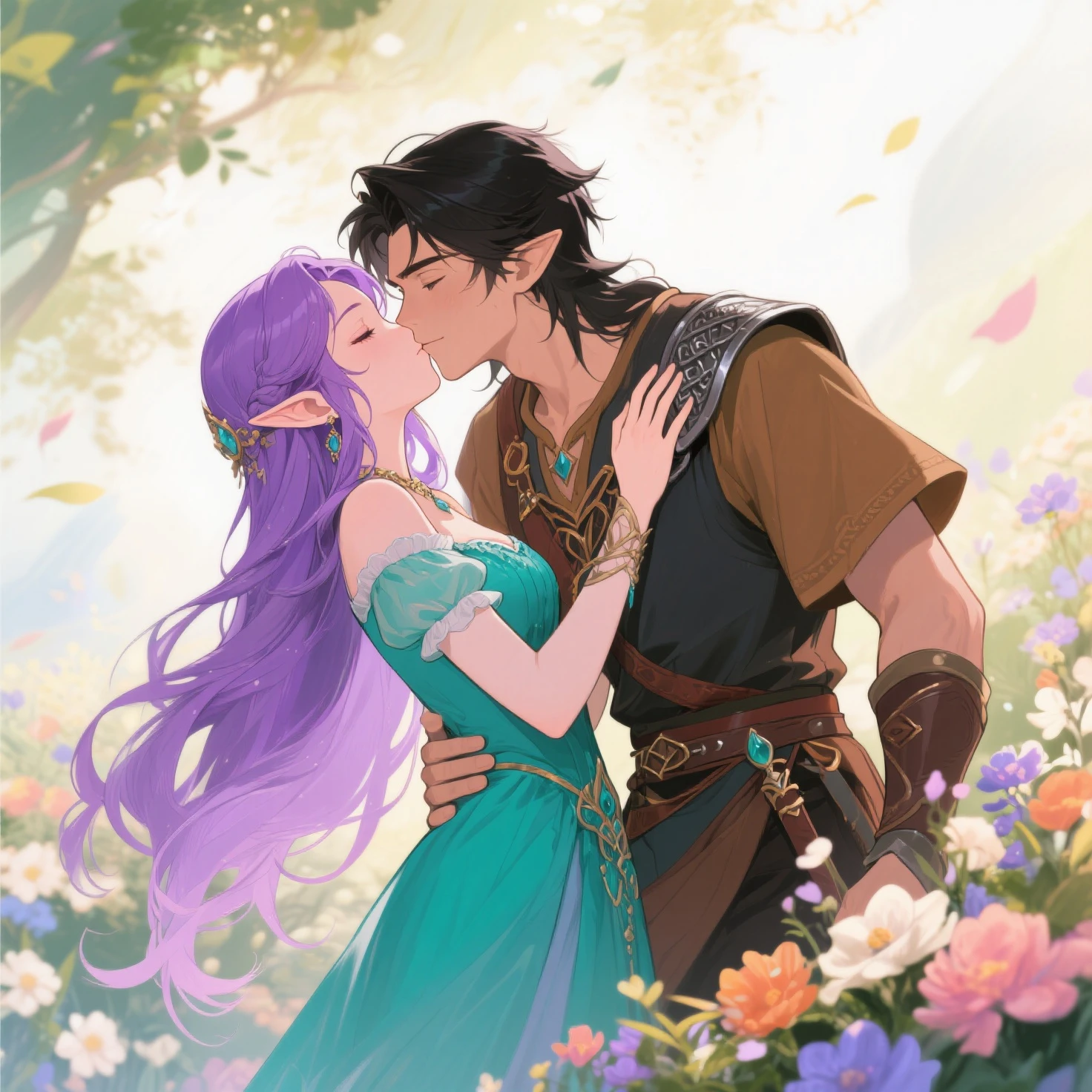 cartoon of A beautiful fantasy elf woman with purple hair and a teal dress kisses a male black-haired warrior in a brown tunic, surrounded by flowers
