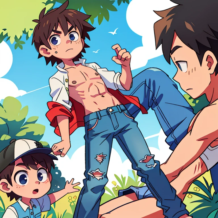 school classroom,Gakuran,Male child,one boy,younge boy，child-faced,infancy，young age，short round face，Flat chin,Spread your legs apart,belly hair,chest hair,black pubic hair,young age,Flat chin,finely detaild face,White loincloth,well-muscled,orange short hair,Bright hair,White eyes,Keep your eyes wide open,