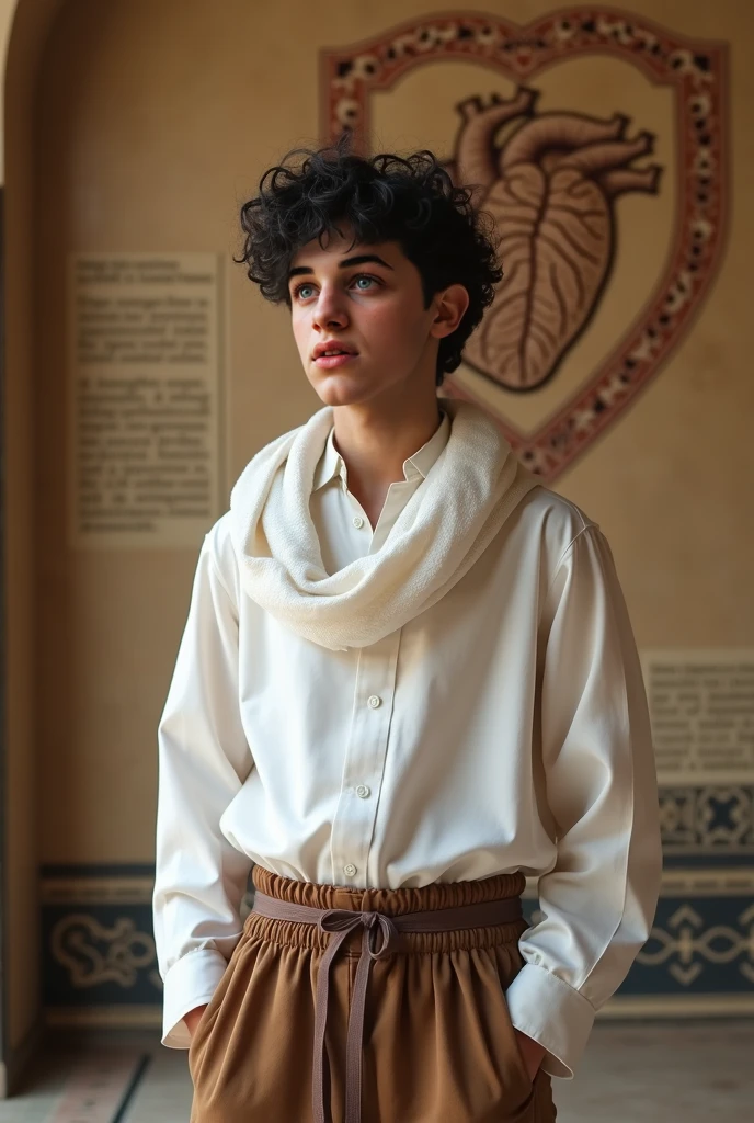 guy 25 years old, dark curly short hair, languid look of gray eyes, thin, pale skin, 18th century style clothing