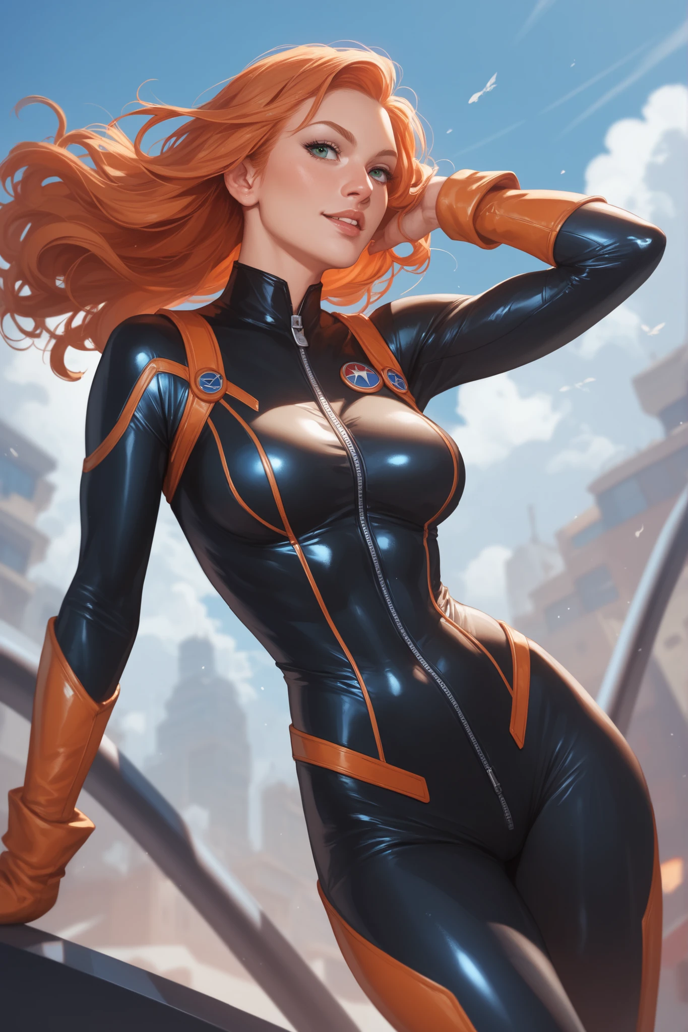 a young girl in a colorful catsuit with ornaments and accessories squatting on a rock, science fiction, tattoo, long red curls, beautiful detailed face, a futuristic weapon in her hand, sexy pose, tight clothes, cameltoe, on a dry planet, spaceship in backround