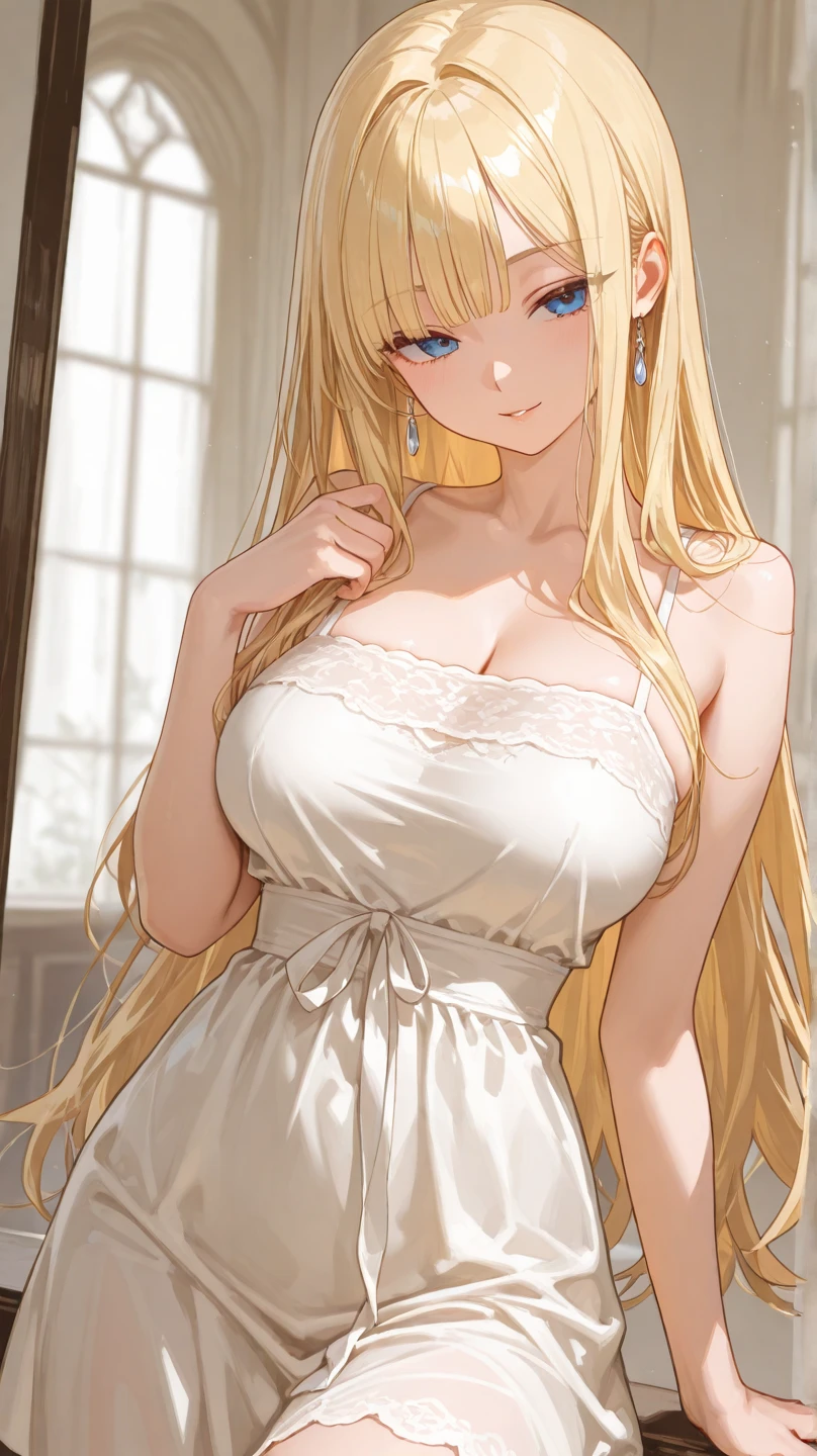 Elegant mature woman, Mature Woman, Long blonde hair, blue eyes, Soft Light, Detailed, 4K resolution, high quality, No sleeve, See through、Sweat,Place your hand on your chest、View your viewers