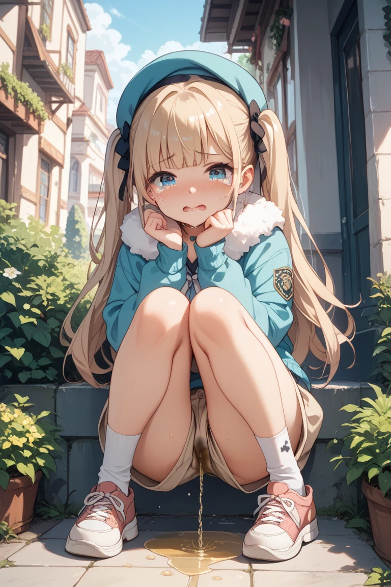 (masterpiece、highest quality、High resolution、realistic pictures、real looking skin:1.1), (wearing a blue oversized knit,Moe sleeves,Wearing a pleated miniskirt, brown knee-length boots, provocative smile, The place is an amusement park:1.1), 1 Japanese women, beautiful eyes, shining eyes, blonde, medium long hair, university student, (Squat down with both knees facing towards you.:1.8), (Place your elbows on your knees、put your chin on it.:1.5), (slightly exposed pants: 1.5), (simple white satin panties: 1.5), NSFW