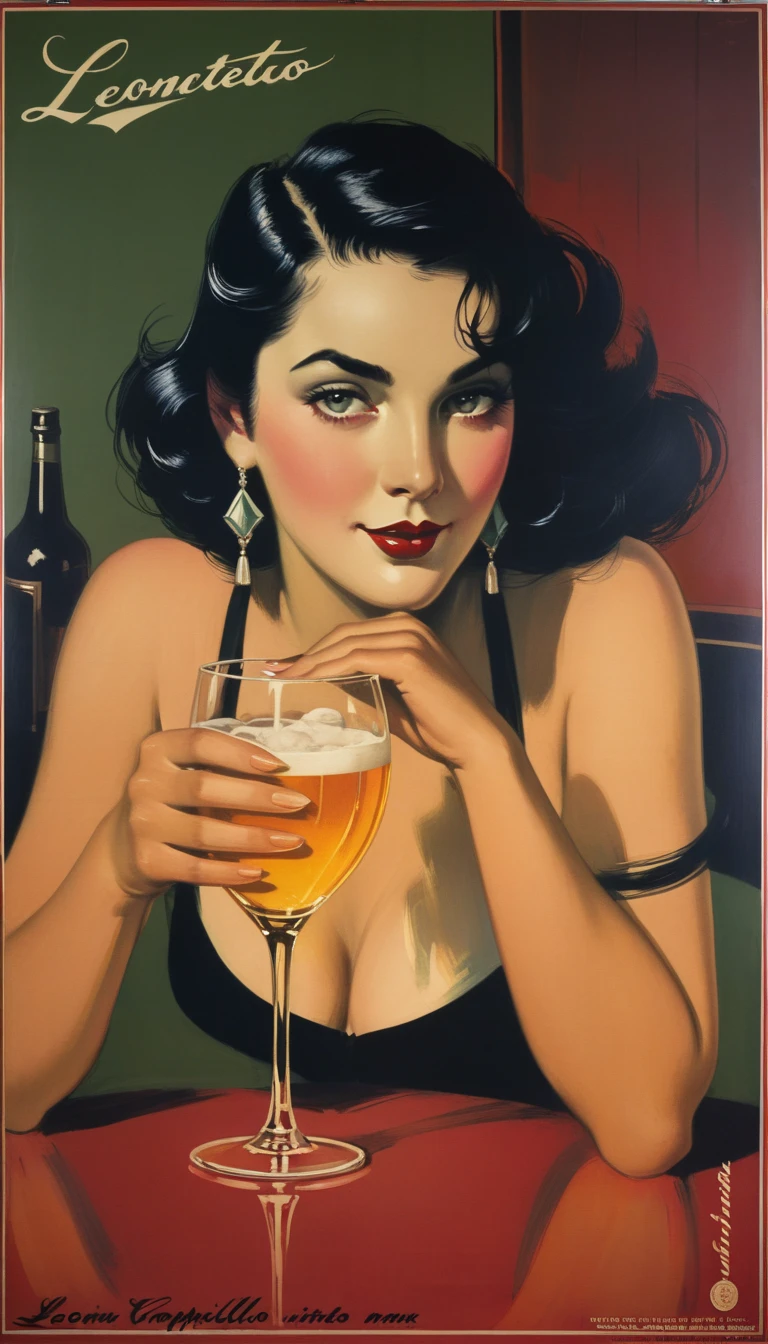 <lora:Pinup_Art:0.9> pinup art. full body. a woman holds a beer. She wears an opened buttondown shirt and skirt. garter straps. Suprised expression
