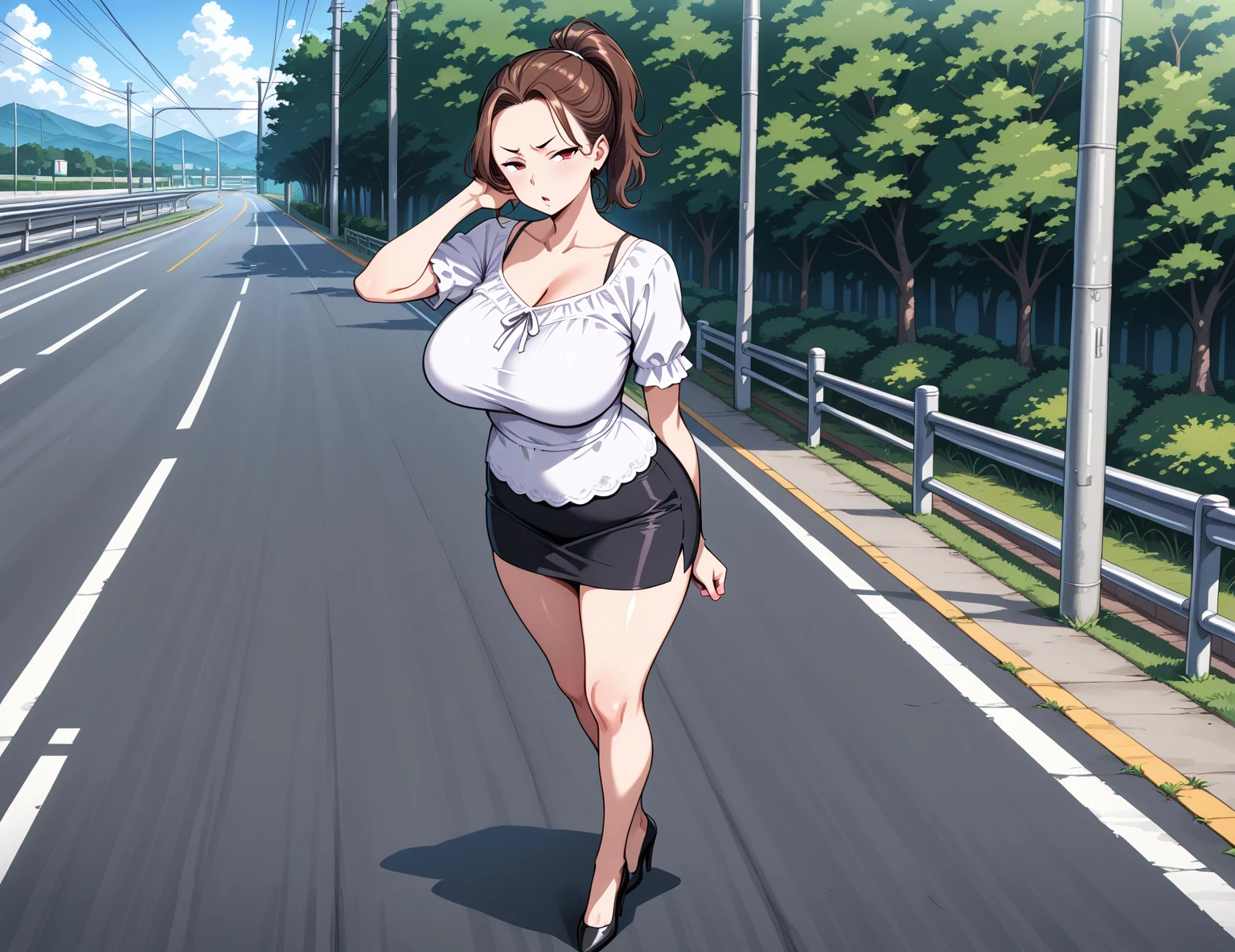 1 girl, very big breasts, very sexy body, 1 girl in, a smile, looks at the viewer, black shirt, super short white school miniskirt, full body, giant breasts, cleavage, giant breasts, heels, background in the mountains 1 girl , with big breasts. long legs QUEEN huge tits, (cleavage), high legs, (standing), sexy and muscular body. short skirt.4k hd