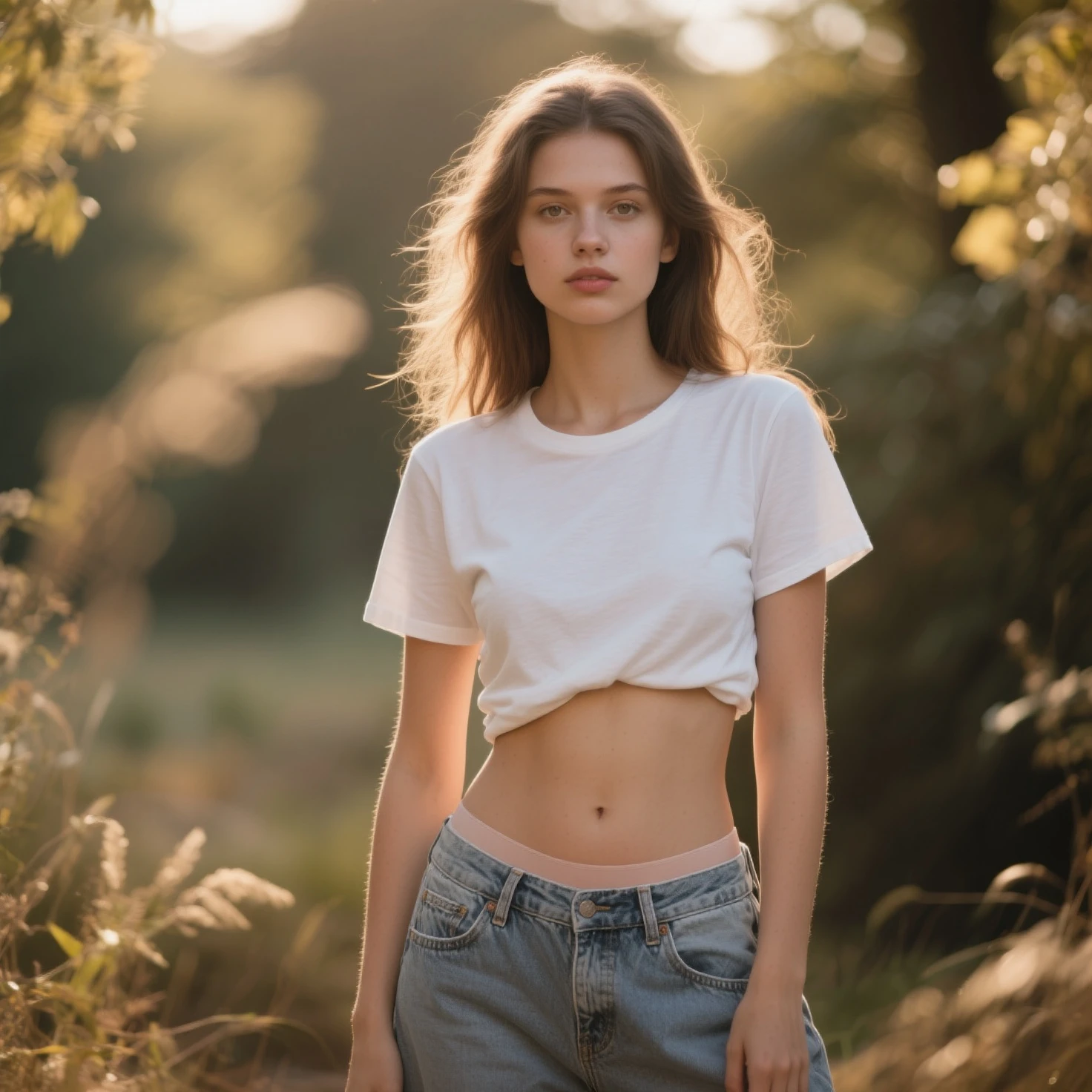 <lora:D4phneFrench_SD:0.9>,d4phnefrench,igirl,freckles,red crop top,denim jeans,mountainside,golden hour,