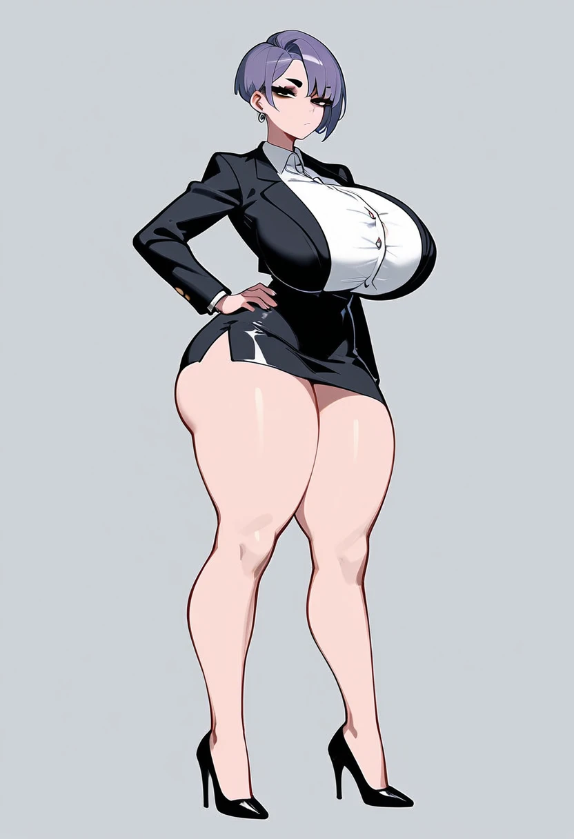 pale woman, short pixie cut purple hair, some hair on the back of her head, big earring, half lidded eyes, looking straight ahead, black eyeshadow, very massive huge breasts, very busty, small waist, wearing a very skin-tight white button up, tight black blazer, expressionless, wide hips, thick thighs, large thighs, long black pencil skirt, thick legs, wearing black high heels full body shown, standing, roommate