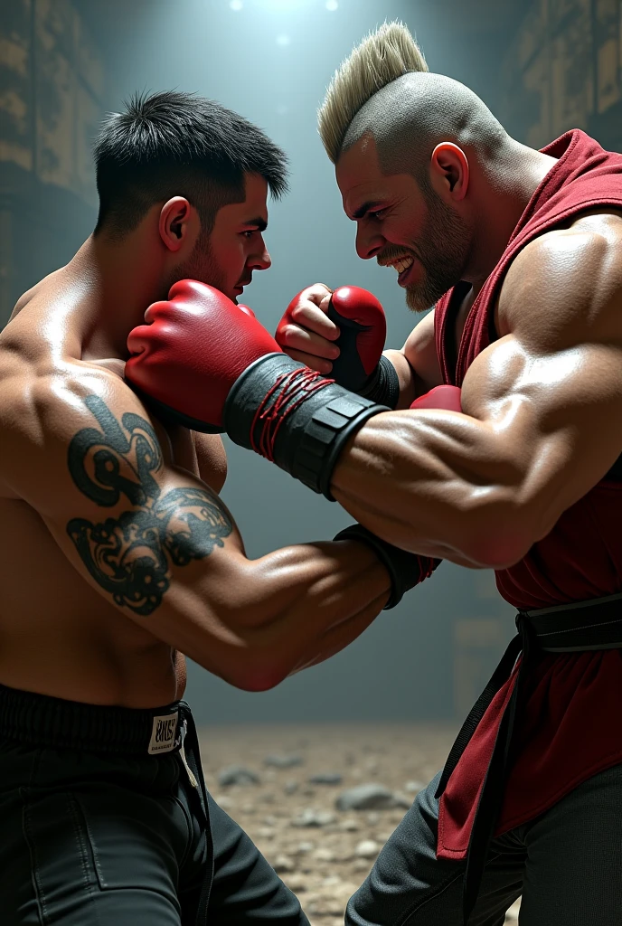 a dramatic fight scene, two muscular men fighting, war scene, detailed realistic illustration, cinematic lighting, dynamic poses, intense facial expressions, veins popping, sweat dripping, blood splattering, gritty urban environment, destroyed buildings in the background, dramatic cloudy sky, volumetric fog, warm color palette, chiaroscuro lighting, (best quality,4k,8k,highres,masterpiece:1.2),ultra-detailed,(realistic,photorealistic,photo-realistic:1.37)