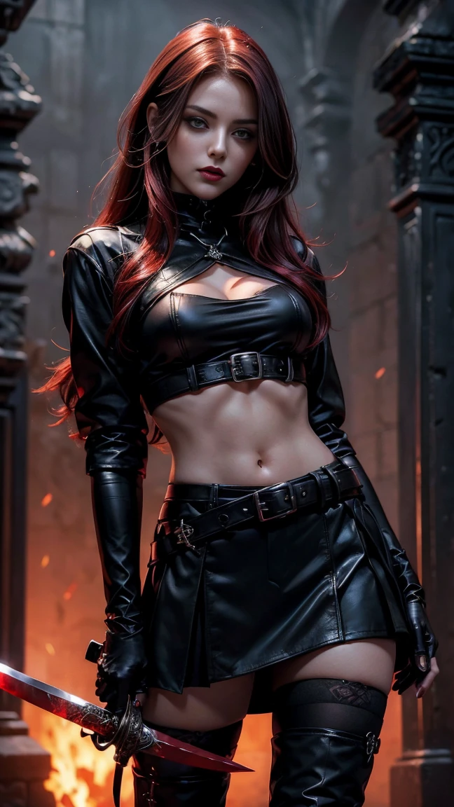 a beautiful young woman with long red hair, slim body, thin waist, narrow hips, detailed facial features, ((wearing high quality high waist black leather pants)), ((wearing formal white colored silk shirt with cleavage and long sleeves)), ((wearing black fur coat)), ((coat on shoulders)), ((red lining)), ((double luxury waist belt)), ((slightly red tinted glasses)), ((expensive reflective silk scarf)), holding a handbag, hand on waist, (best quality,4k,8k,highres,masterpiece:1.2),ultra-detailed,(realistic,photorealistic,photo-realistic:1.37),high fashion,editorial,dramatic lighting,cinematic,vivid colors,intricate details, glamorous